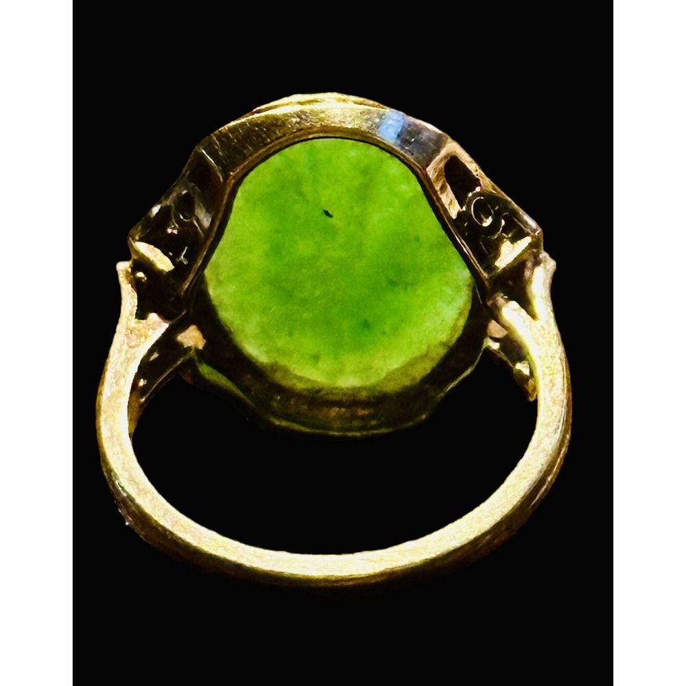 Art Deco 10K Yellow Gold Diamond Cut Natural Jadeite Stone Ring Size 6 Vtg OOAK - Picture 7 of 10